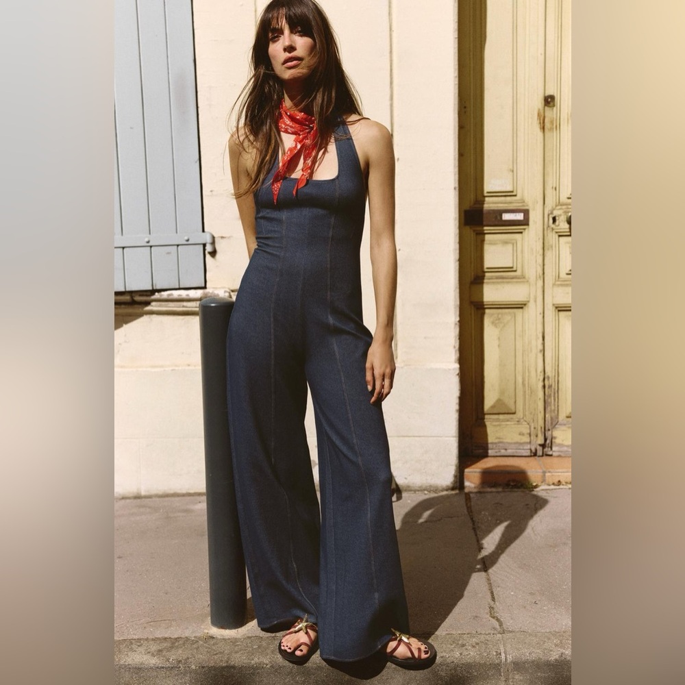 ZARA TWILL JUMPSUIT WITH TOPSTITCHING & FLORAL PRINT BEADED BANDANA